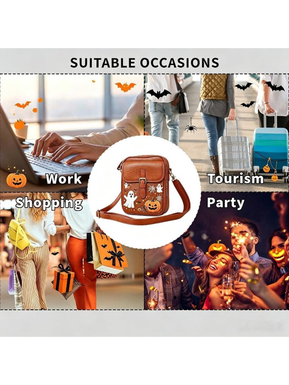 Women Halloween-Brown Capacity Purse Card Slots Shoulder Leather Crossbody Bags - Picture 6 of 6